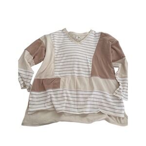 Cato Fashions Plus Size 22/24W Tunic Top Patchwork Stripe Beige Brown Long Sleev